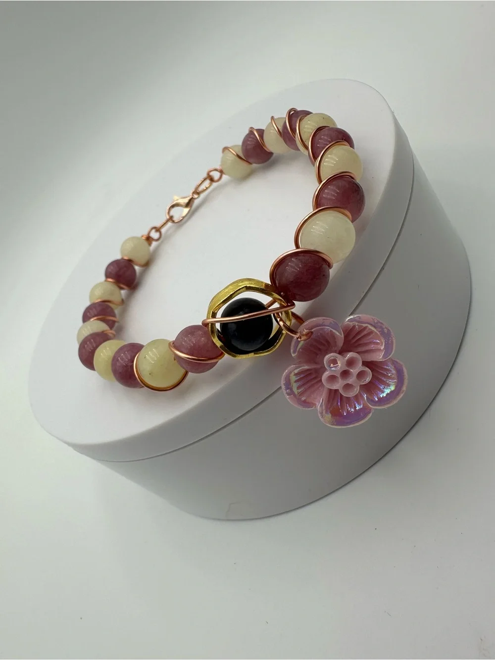Handmade Red & Light Yellow Beaded Bracelet with Flower Charm
